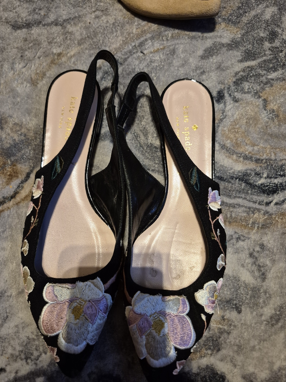 kate spade Black Floral Embroidered Slingback Flats